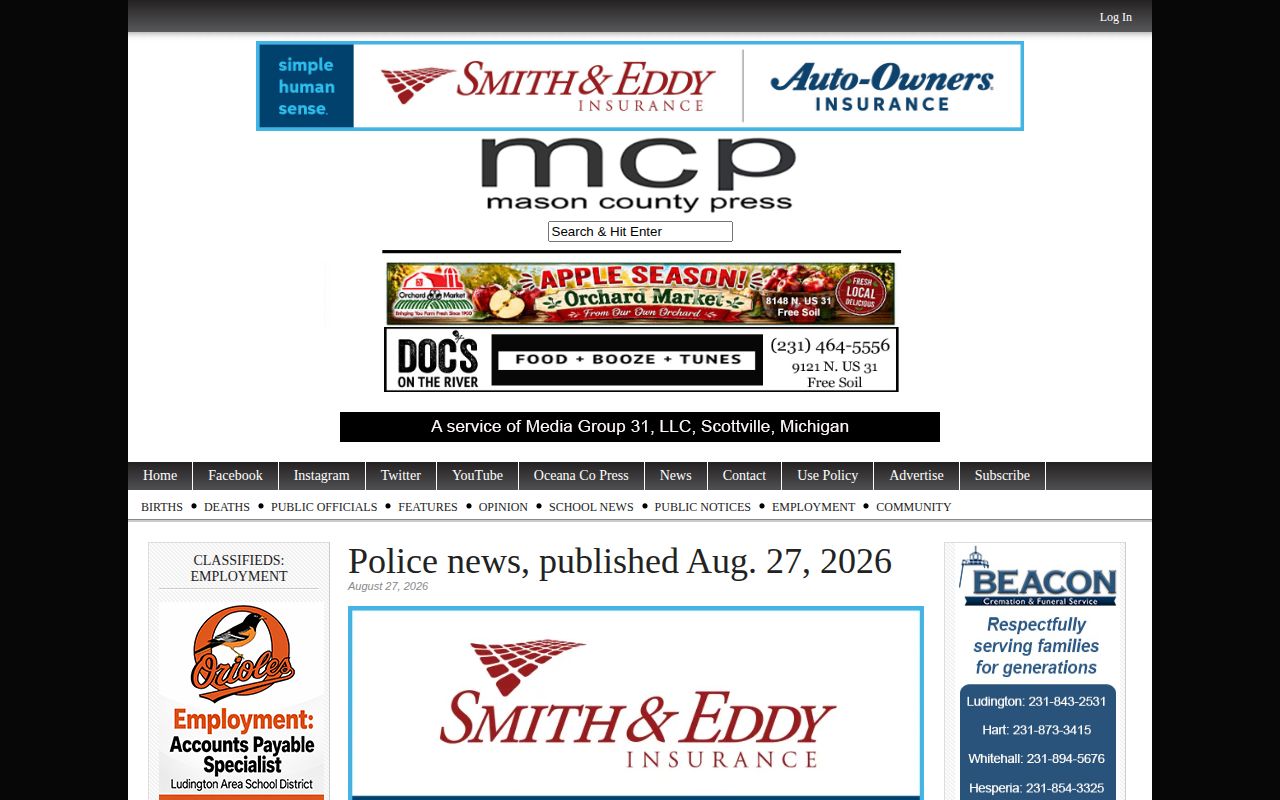 Mason County Press police news page with local incident entries