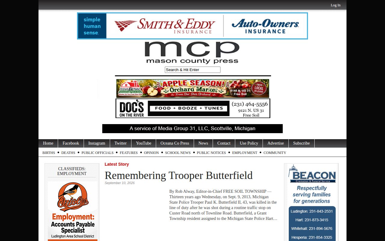 Mason County Press homepage used for secondary Scottville police news