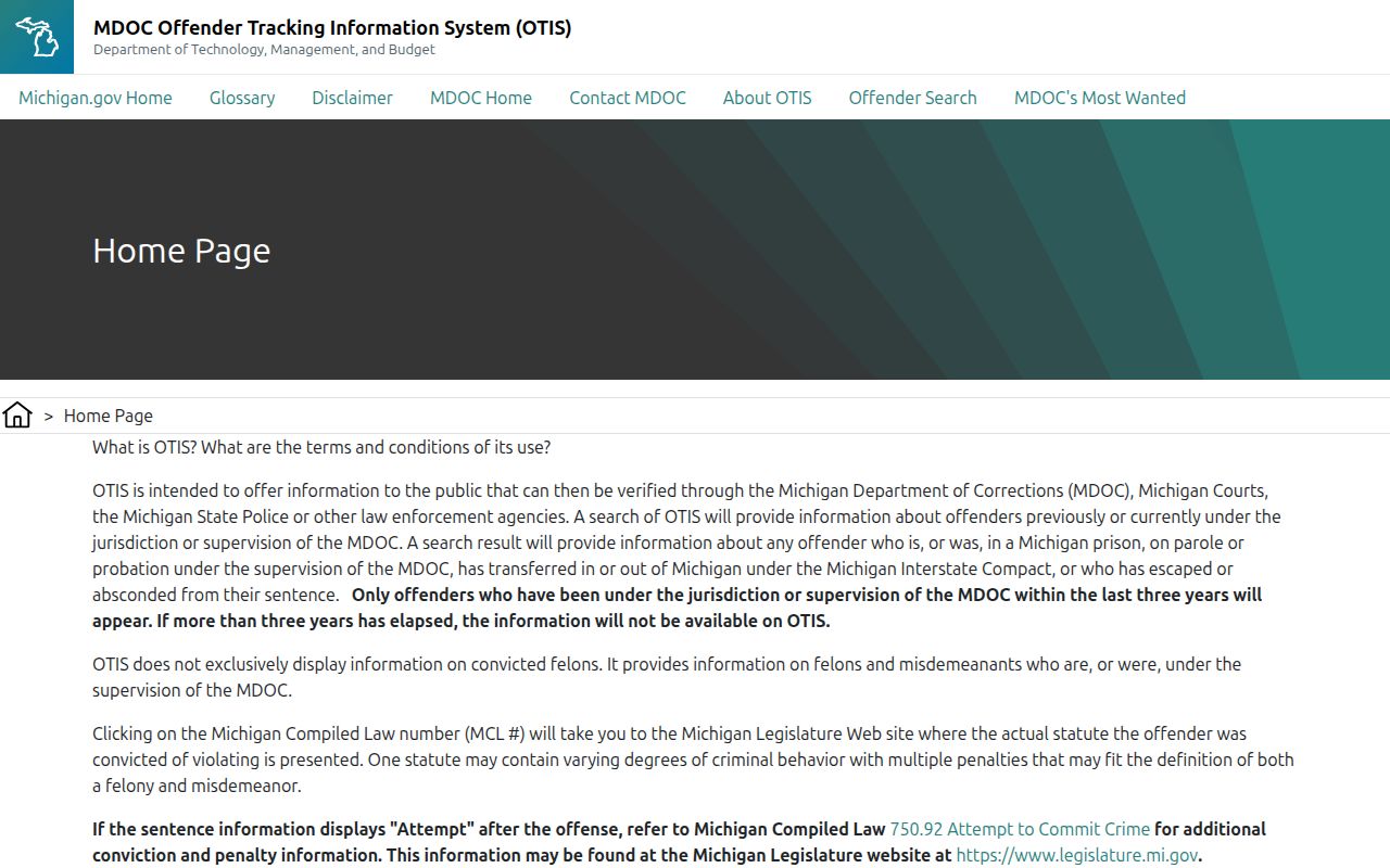Michigan Department of Corrections OTIS offender search interface
