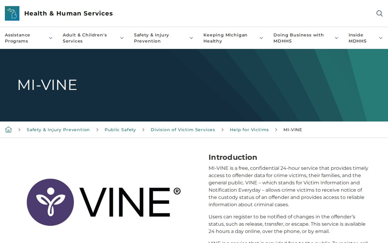 Michigan MI-VINE official custody notification page